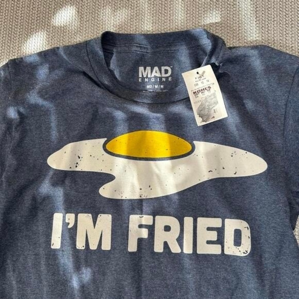 Mad Engine I'm Fried Egg Graphic Tee Blue Mens Size Medium NWT